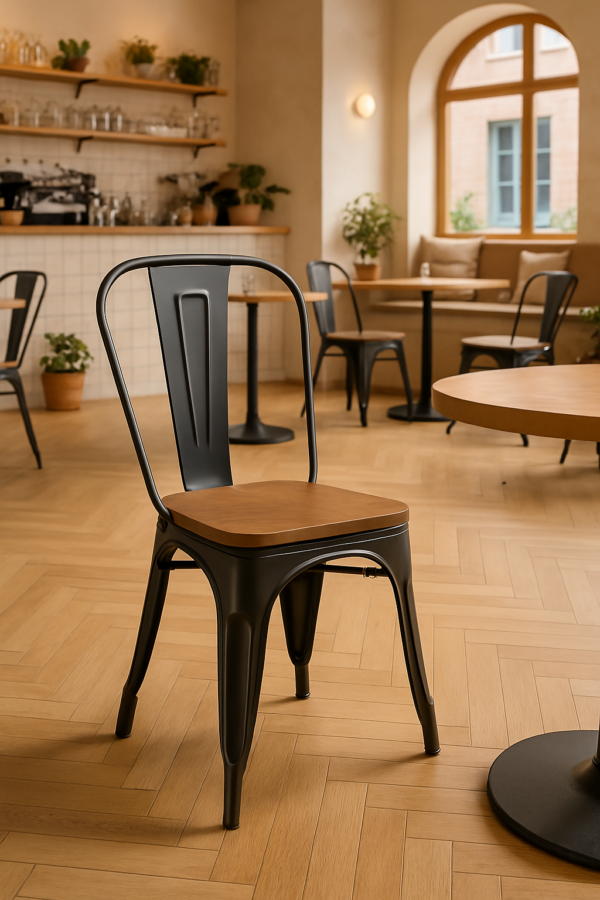 Industriële stoel Ferro zwart met houten zitting | Tolix-stijl stoel | stapelbaar - Afbeelding 2