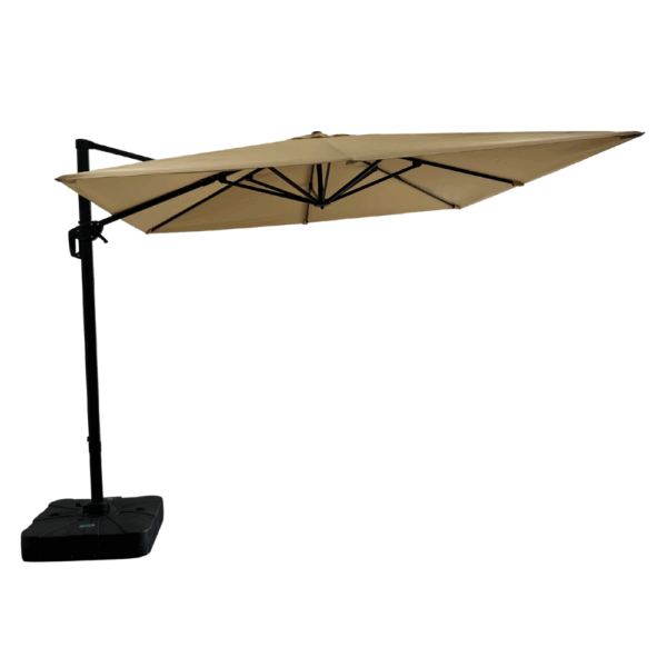 Horeca zweefparasol Rome Beige, vierkant, 3 × 3 m, 8 stokjes, 210 g/m² polyester, waterafstotend, in hoogte verstelbaar, 360° draaibaar, zonder zeil
