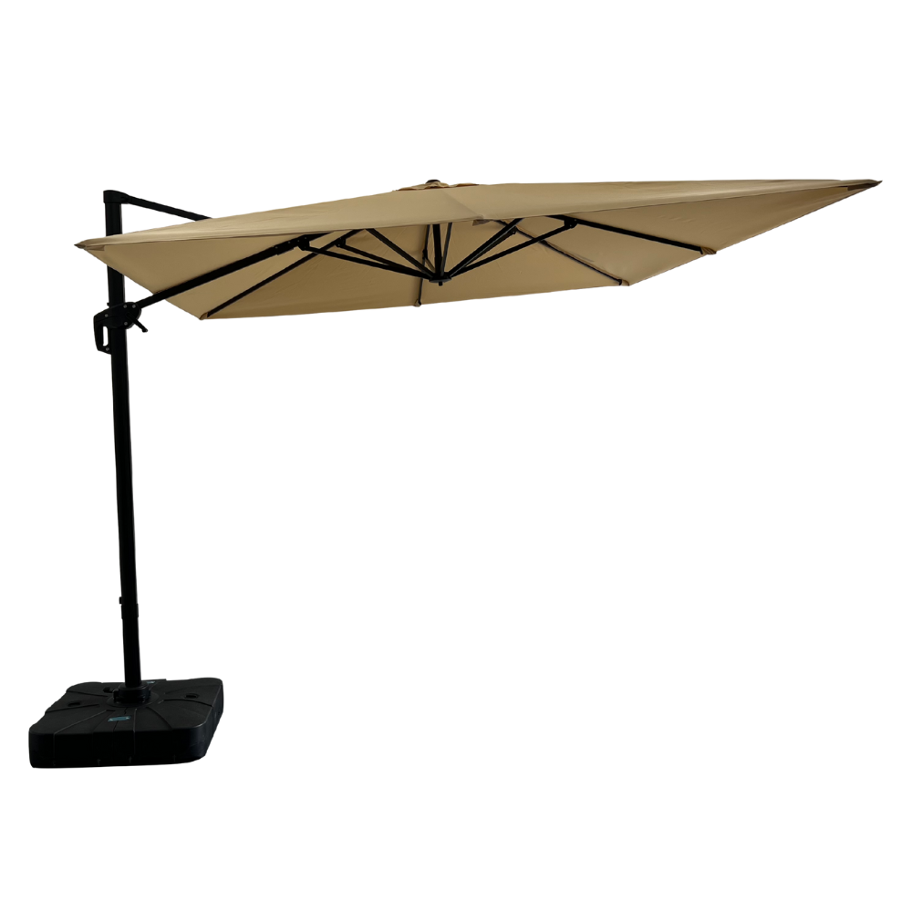 Horeca zweefparasol Rome Beige, vierkant, 3 × 3 m, 8 stokjes, 210 g/m² polyester, waterafstotend, in hoogte verstelbaar, 360° draaibaar, zonder zeil